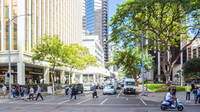 Pedestrians walking in a city