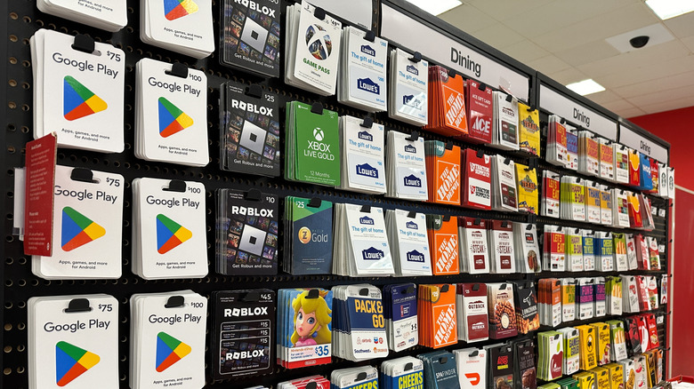 A stand with gift cards of different services and companies at Target department store.