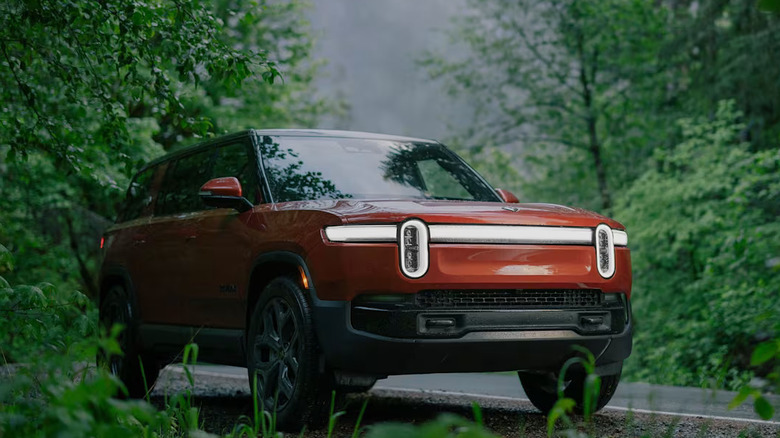 reddish 2025 Rivian R1S on side of the road in heavily forested area