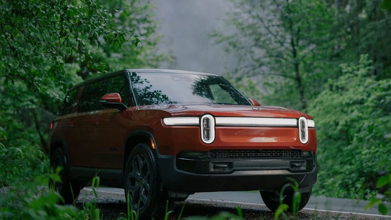 reddish 2025 Rivian R1S on side of the road in heavily forested area