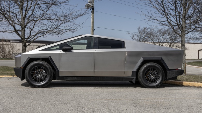 Side profile of a stainless steel Tesla Cybertruck parked along a curb on a suburban street