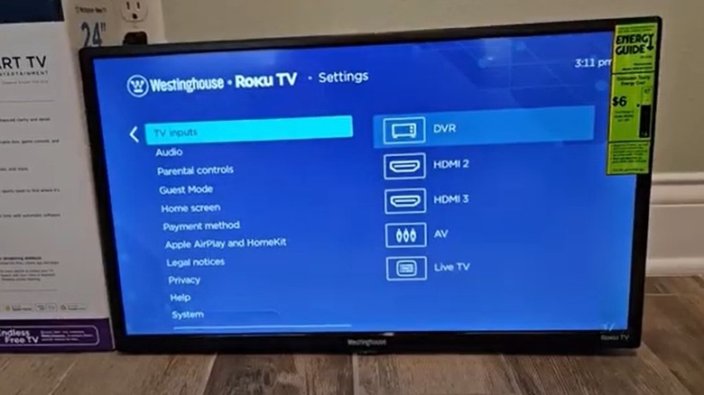 Westinghouse Roku TV with input options on screen