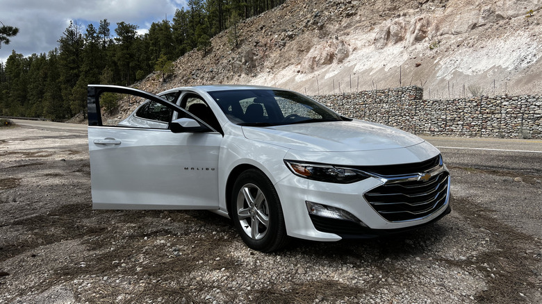 A white Chevrolet Malibu parked on a scenic road surrounded by pine trees in New Mexico.