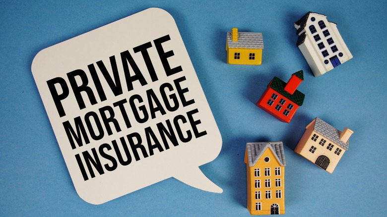 Private Mortgage Insurance text with house models on blue background