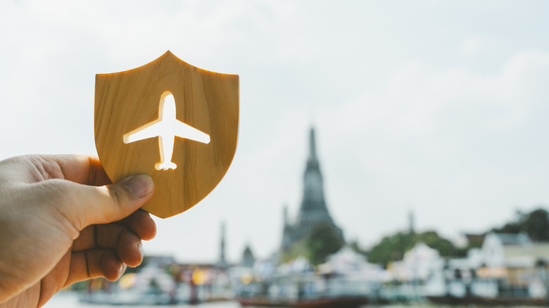 A wooden shield icon with a plane shape carved out of it in front of a European city skyline.