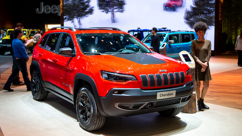 A Jeep Cherokee on display at the Geneva International Motor Show in 2019