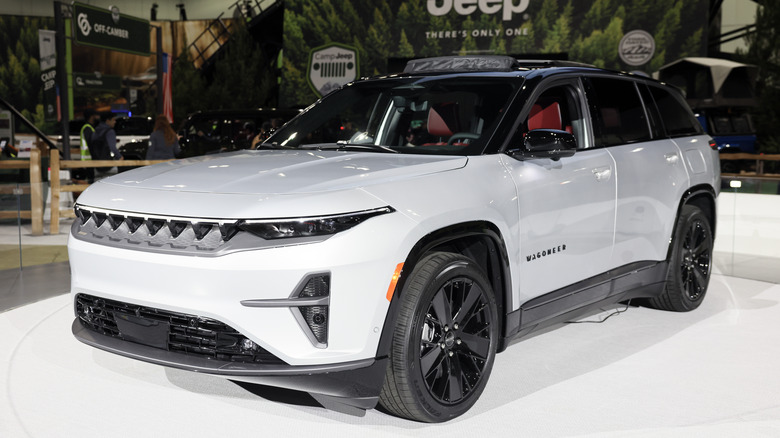 A white Jeep Wagoneer S on display at the 2024 Los Angeles Auto Show.